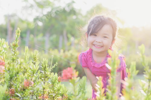 Preview: Cute Asian Child Playing In The Garden In The Summer, Little Girl In A Colorful Summer Dress