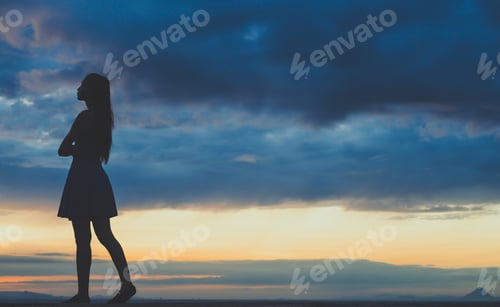 Preview: Young Woman Relaxing In Summer Sunset Sky Outdoor. People Freedom Style.