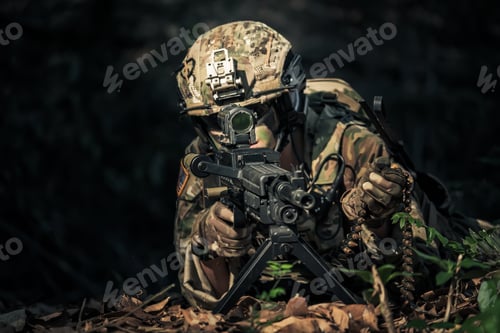Preview: Special Forces.Soldier Assault Rifle With Silencer. Sniper In The Forest.