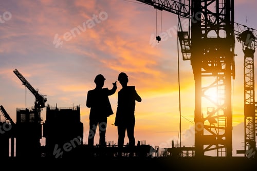 Preview: Silhouette Of Engineer And Worker Checking Project At Building Site Background, Construction Site