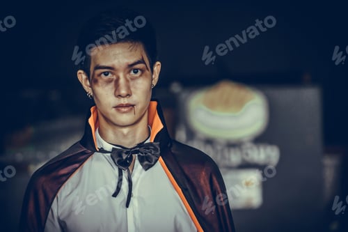 Preview: Vampire Man With Blood In Black Halloween Costume.Halloween Concept.