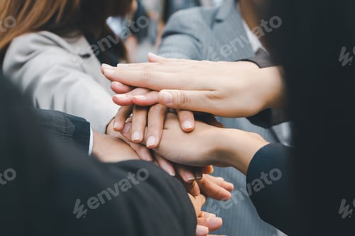 Preview: Success Teamwork Concept, Business People Team Joining Hands Outside Office City Background.