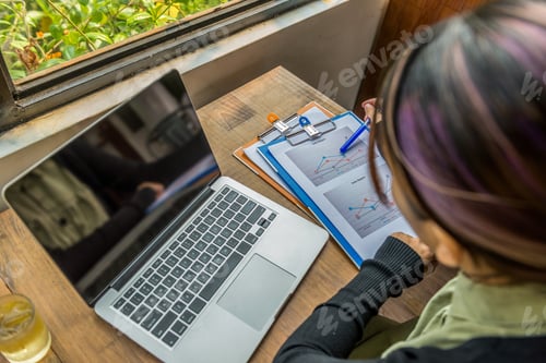 Preview: Top View Of Asian Millennial Woman Working On Laptop