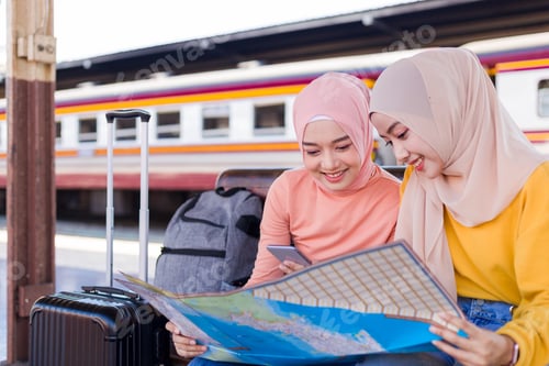 Preview: Two Muslim Women Looked At The Map And Smiled Happily As They Waited For The Train At The Platform.