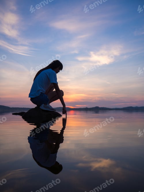Preview: Young Woman Relaxing In Summer Sunset Sky Outdoor. People Freedom Style.