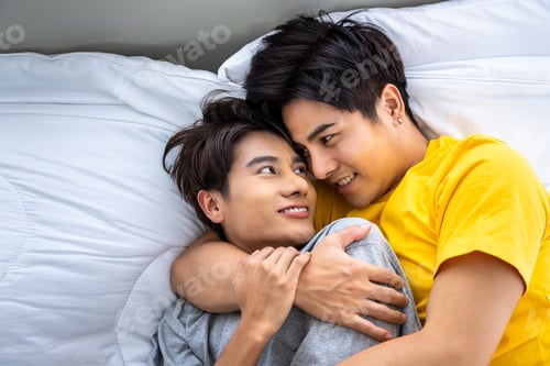 Preview: Happy Asian Homosexual Gay Men Male Couple Lying And Embracing On Bed. Lgbt And Sexual Diversity