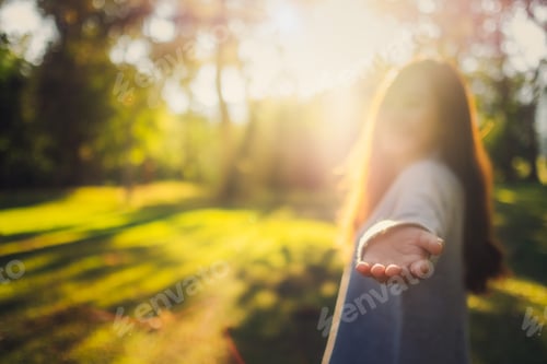 Preview: Follow Me, A Beautiful Asian Woman Holding Hands And Leads Into The Park Before Sunset