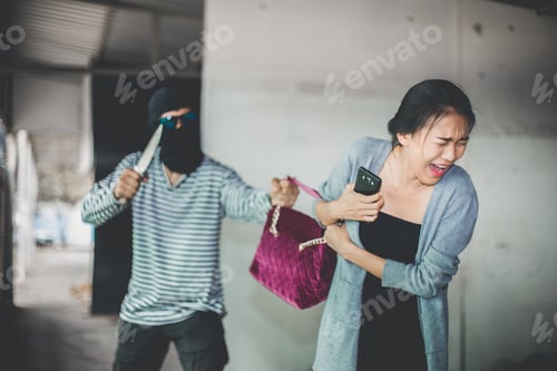 Preview: Man In Hoodie Robbing And Threatening With Gun To Frightened Young Woman. Criminal And Robbery For
