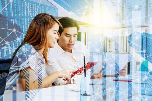 Preview: Double Exposure Of Two Young Business Woman And Man Work Together While Using Computer At Workplace