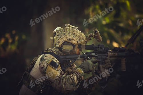 Preview: Camouflaged Soldier Aims Firearm in Forest Environment