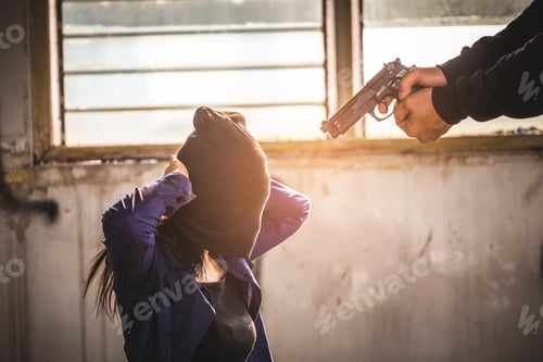Preview: A Terrorist Man Holding Gun Kidnapping Young Women For A Hostage In Abandoned Building. Rape