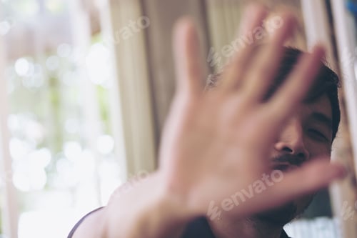 Preview: Sign & Symbols Image Of A Asian Man Holding Your Hand For Stop Sign Hand With Nature Background