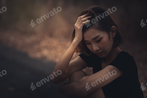 Preview: Asian Beautiful Girl Feel Alone In The Forest,Sad Woman Concept,Thailand People,Lady Sadness About