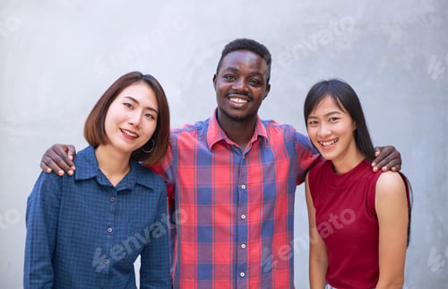 Preview: Diversity Of Friends Or Young Students Of Mixed Race, Happily Hugging Each Other While Being
