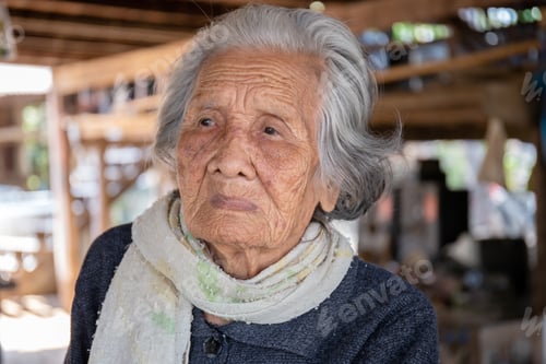Preview: Portrait Of Asian Senior Women, Older Woman With Short Grey Hair Sitting At Home In The Countryside