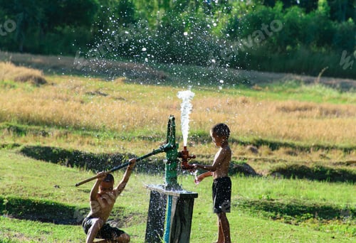 Preview: Boys Taking Shower, Boys Taking Shower Form Groundwater Pump,Concept Happiness Of Children In