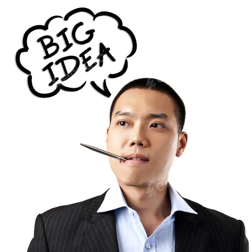 Preview: Portrait Of Thinking Asian Young Businessman With Doodles "?Big Idea" In Bubble Cloud On White