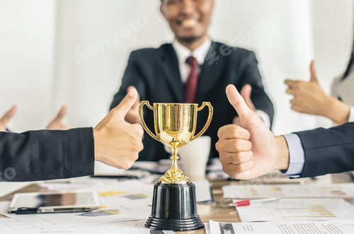 Preview: Winning Business Team Gold Trophy , Business Team Happy Consent And Successful Business Team