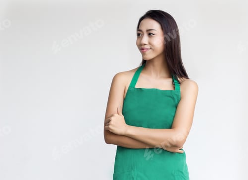 Preview: Smart Asian Businesswoman With Green Apron Suite Show Love Service Action