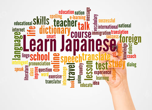 Preview: Learn Japanese Word Cloud And Hand With Marker Concept On White Background.