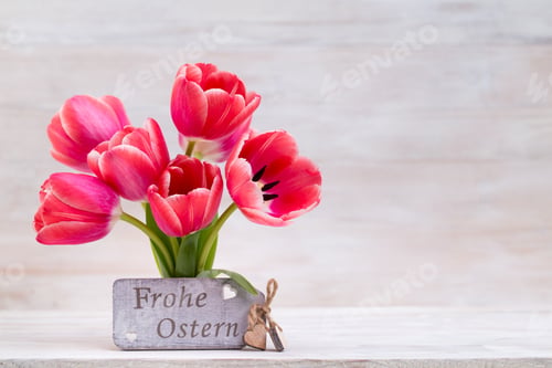 Preview: Pink Tulips, Spring Flowers And Easter Decoration.