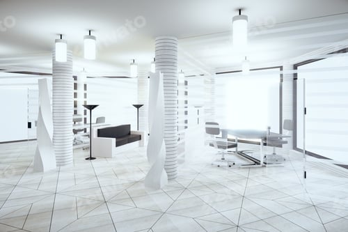Preview: Modern Light Loft Office In White Colors With Windows In Floor And Furniture 3D Render