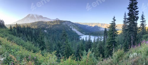 Preview: Panoramic View Of Mt Rainier Lake And Forest On A Beautiful Summer Day.