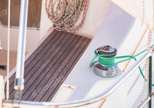 Preview: Yachting, View Of A Luxury Yacht Boat Deck, Winch And Green Rope Detail.