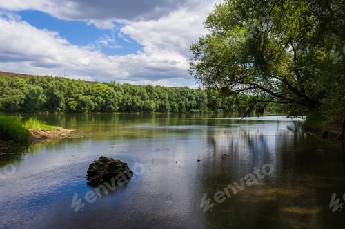 Preview: Very Beautiful River Water Surface. Natural Green Background. Selective Focus