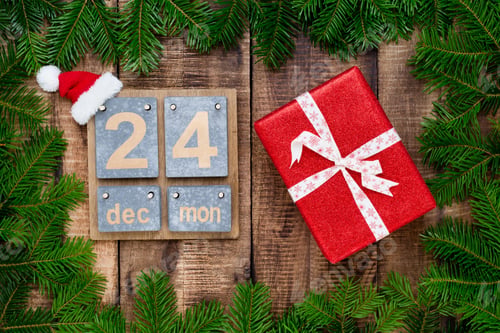 Preview: Christmas Greeting Card. Festive Decoration On Wooden Background. New Year Concept. Copy Space
