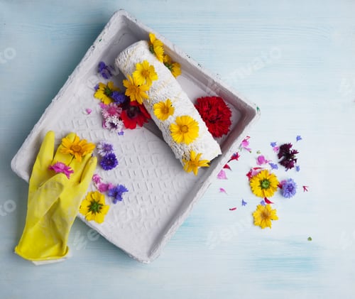 Preview: The Capacity With The Paint Roller And Little Flowers Inside. Yellow Rubber Gloves On The White