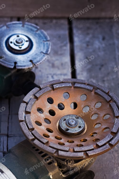 Preview: Two Metal Circular Saw Blade Lying On The Wooden Table.