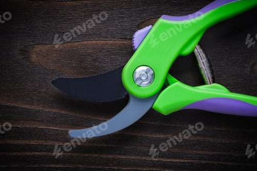 Preview: Metal Garden Pruner On Vintage Wooden Background Agricultural Concept.