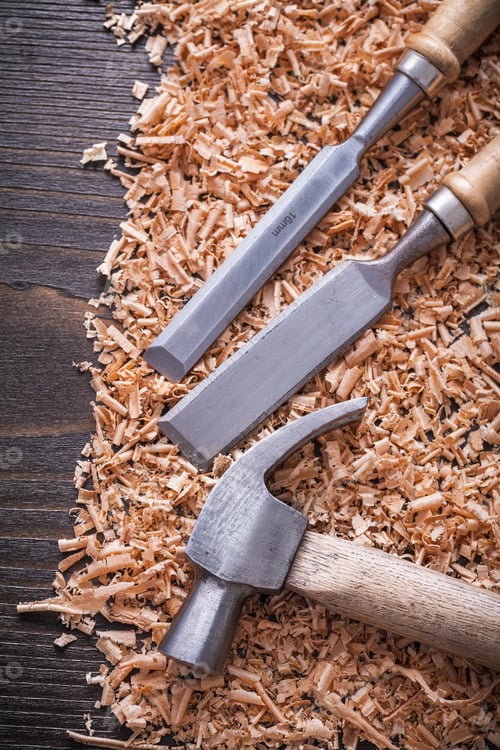 Preview: Claw Hammer Firmer Chisels And Wooden Scobs On Vintage Wood Board Construction Concept.