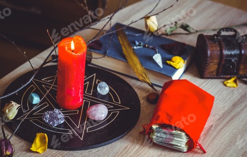 Preview: Altar With A Pentagram To Attract Love, Happiness, Candle, Stones, Tarot Cards And Witchcraft At