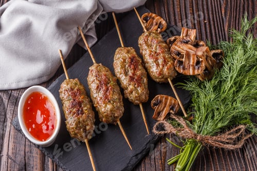 Preview: Shish Kebab On The Skewers With Sauce, Grilled Mushrooms On Rustic Table