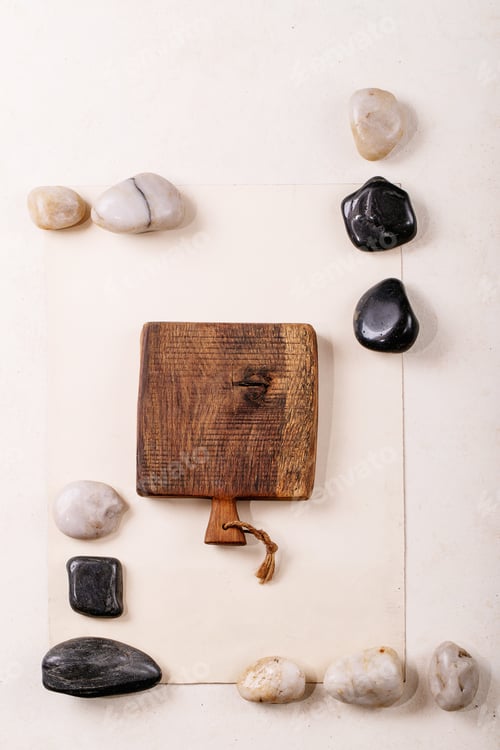 Preview: Creative Layout Geometry Squares By Nature Materials Paper, Wood And Stone. Flat Lay. Space For Any