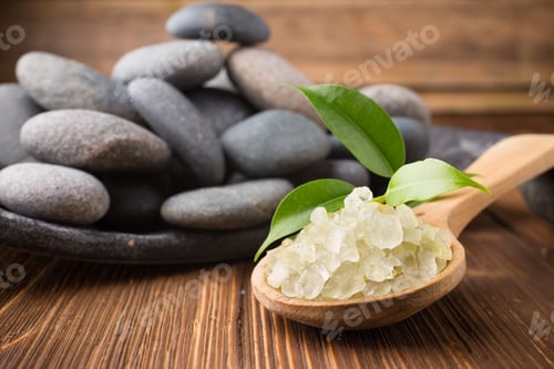 Preview: Sea Salt On Wooden Spoon, Purple Orchid On Wooden Background