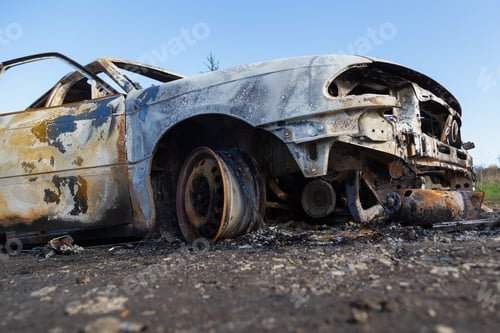 Visualização: Burned Down Car, Abstract Background, Selective Focus. The Situation Of Protests And Pogroms In The