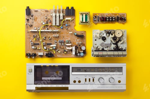 Preview: Vintage Stereo Cassette Deck Components Well Organized Over Yellow Background, Top View
