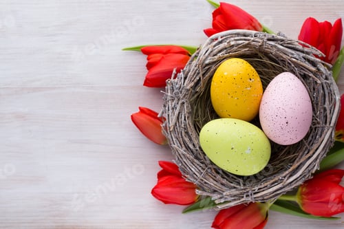 Preview: Red Tulips, Spring Flowers And Easter Decoration.