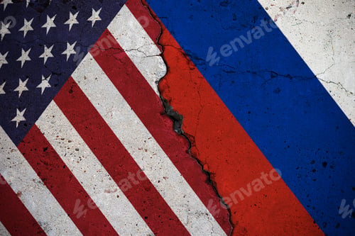 Preview: Concrete Slab With Large Cracks, Flags Of The Usa And Russia. Abstract Concept Of Breakup And