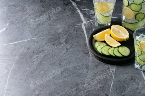 Preview: Cucumber And Lemon Infused Water In Glasses And Bottle Served With Ice Over Dark Texture Background.