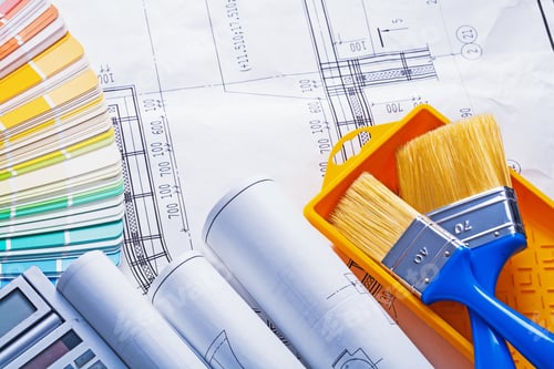 Preview: Rolled Blueprints Calculator Color Palette Paintbrushes Tray
