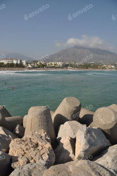 Preview: Puerto Banus Beach From Stone Pier In Marbella, Spain