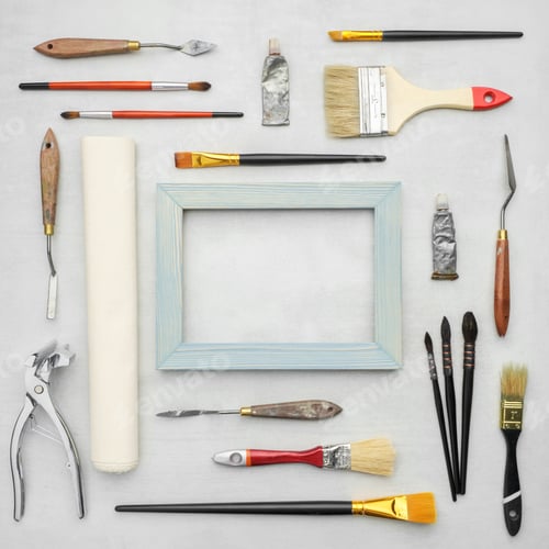 Preview: Paintbrushes, Tubes Of Paints, Palette Knifes, Artist Canvas In Roll, Wooden Frame, Canvas
