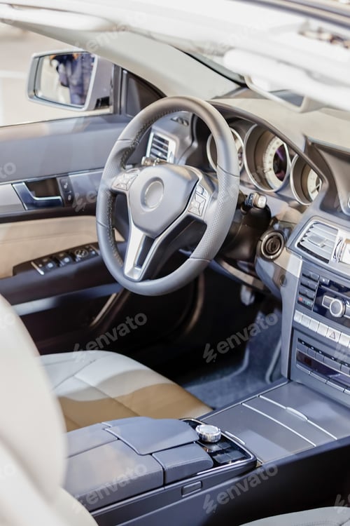 Preview: New Powerful Leather Car Steering Wheel Inside; Note Shallow Depth Of Field