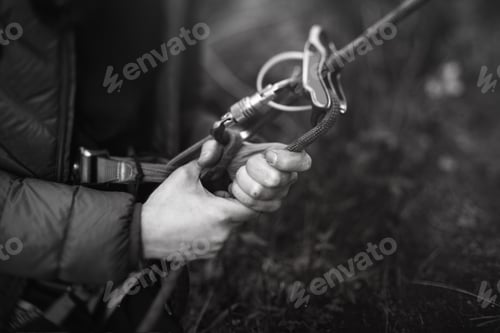 Preview: Safety Rope In The Hands Of The Woman Climber, Close-Up, Black And White.