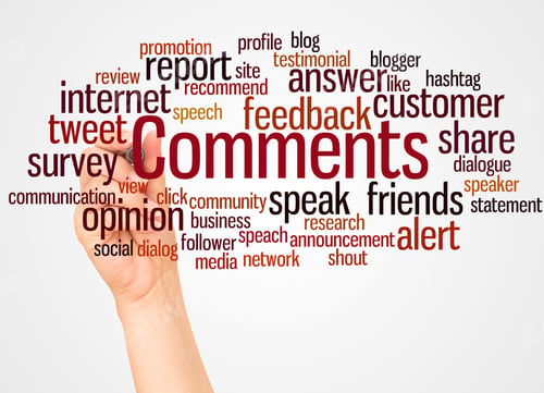 Preview: Comments Word Cloud And Hand With Marker Concept On White Background.