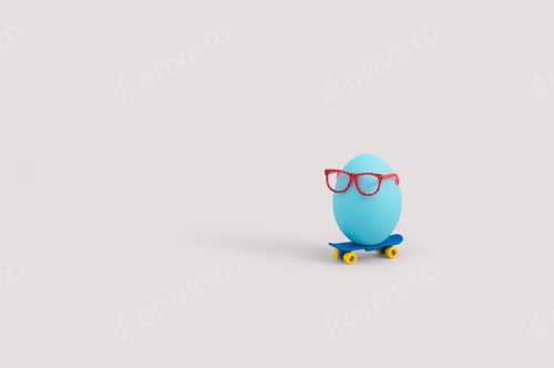 Preview: Creative Food Concept With Blue Egg Wearing Eyeglasses And Riding Skateboard